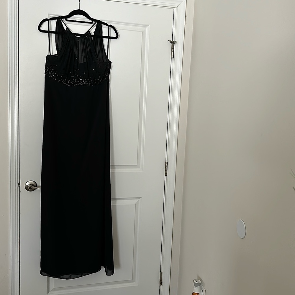 semi formal black, sleeveless, no slit gown